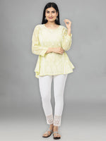 Load image into Gallery viewer, Seva Chikan Hand Embroidered Lemon Cotton Lucknowi Chikankari Short Top-SCL2044