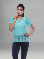 Load image into Gallery viewer, Seva Chikan Hand Embroidered Turquoise Georgette Lucknowi Chikankari Short Top- SCL0161