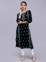 Load image into Gallery viewer, Seva Chikan Hand Embroidered Black Cotton Lucknowi Chikankari Kurta