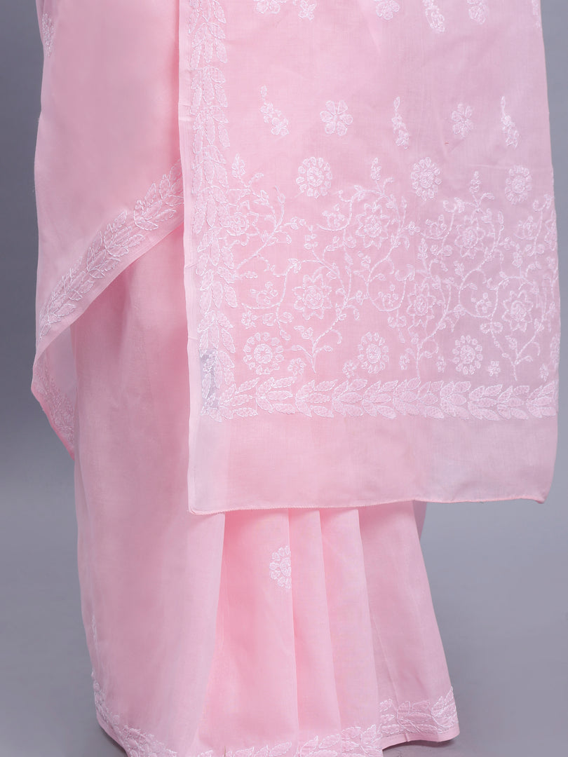 Seva Chikan Hand Embroidered Pink Terivoil Cotton Lucknowi Chikankari Saree- SCL6045