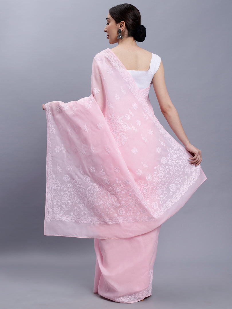 Seva Chikan Hand Embroidered Pink Terivoil Cotton Lucknowi Chikankari Saree- SCL6045