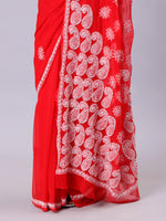 Load image into Gallery viewer, Seva Chikan Hand Embroidered Red Georgette Lucknowi Chikankari Saree- SCL6051