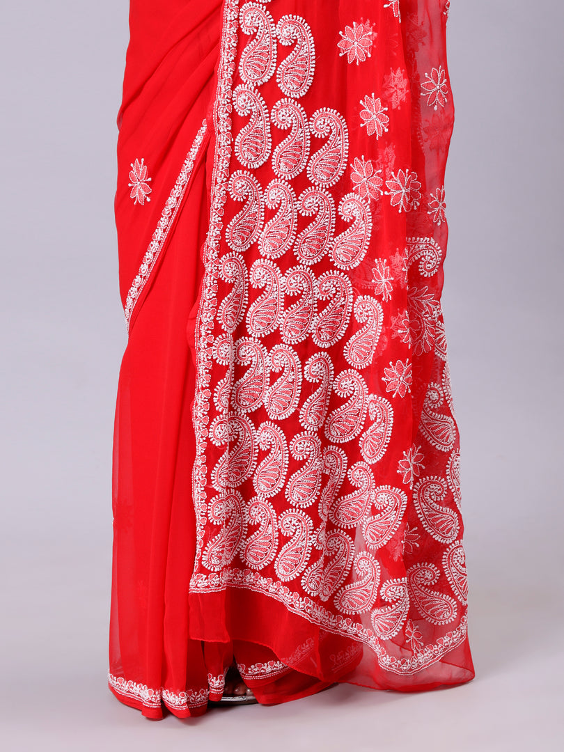 Seva Chikan Hand Embroidered Red Georgette Lucknowi Chikankari Saree- SCL6051