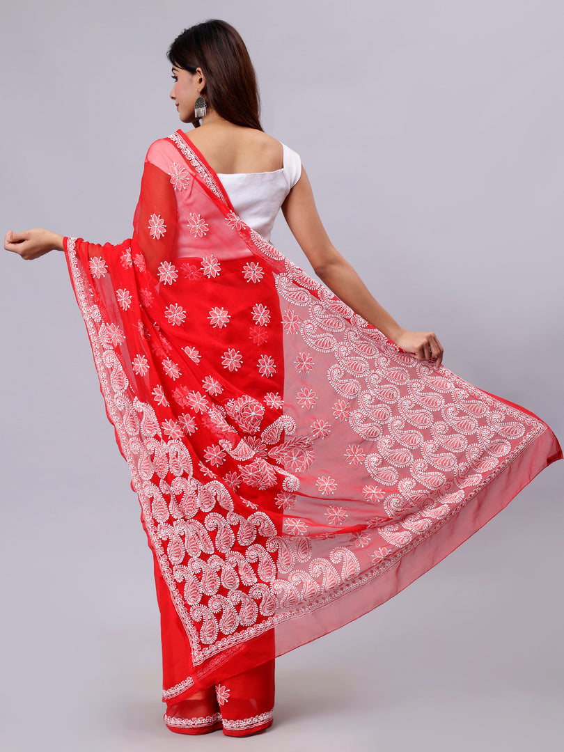 Seva Chikan Hand Embroidered Red Georgette Lucknowi Chikankari Saree- SCL6051
