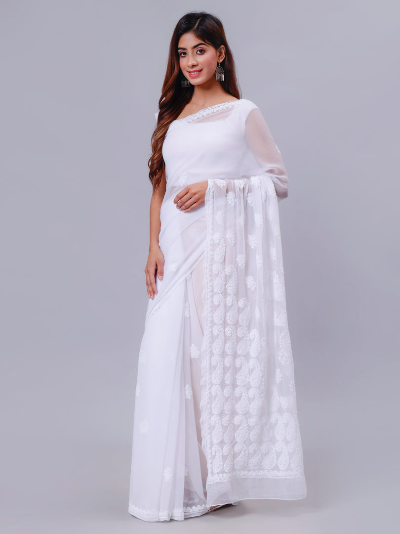 Seva Chikan Hand Embroidered White Georgette Lucknowi Chikankari Saree- SCL6050
