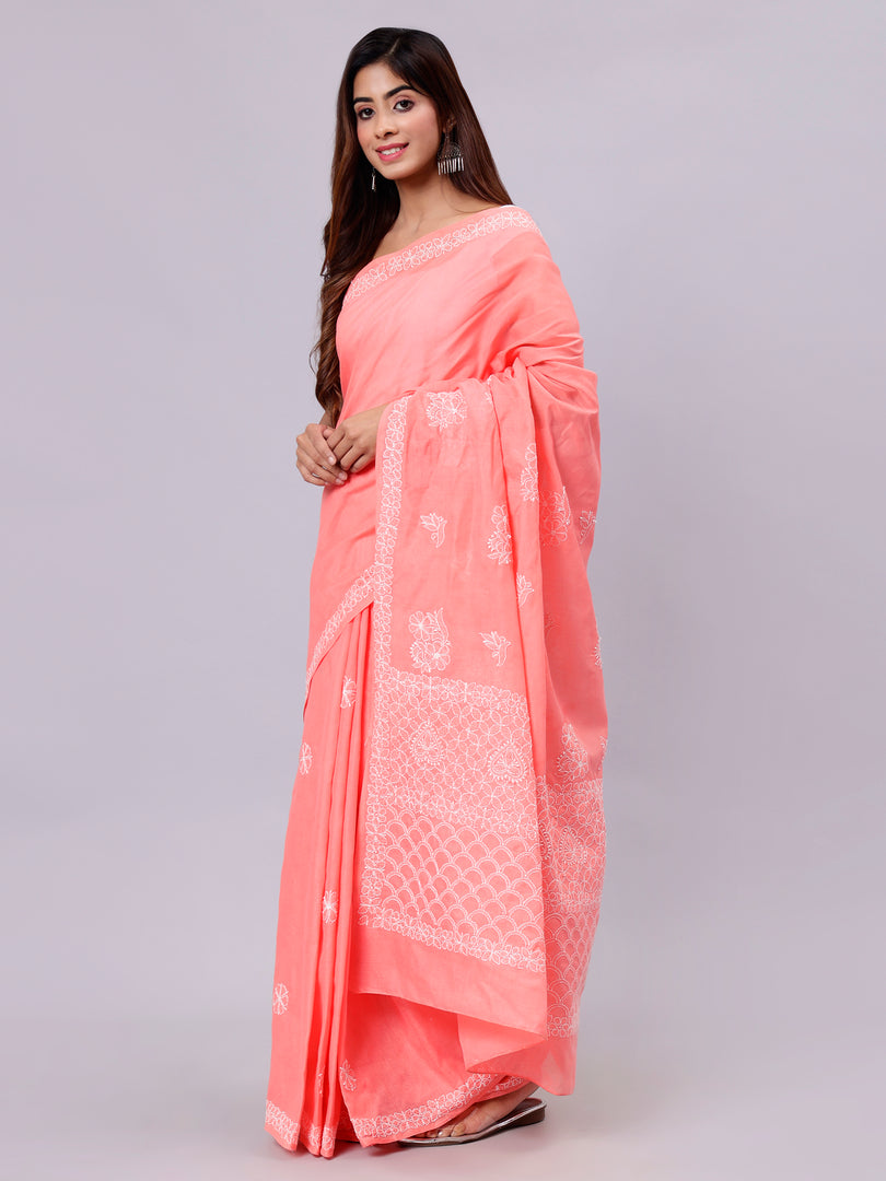 Seva Chikan Hand Embroidered Peach Terivoil Cotton Lucknowi Chikankari Saree- SCL6053