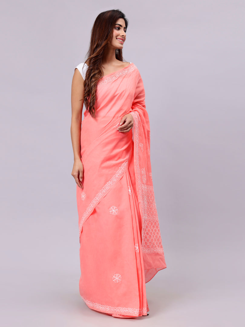Seva Chikan Hand Embroidered Peach Terivoil Cotton Lucknowi Chikankari Saree- SCL6053