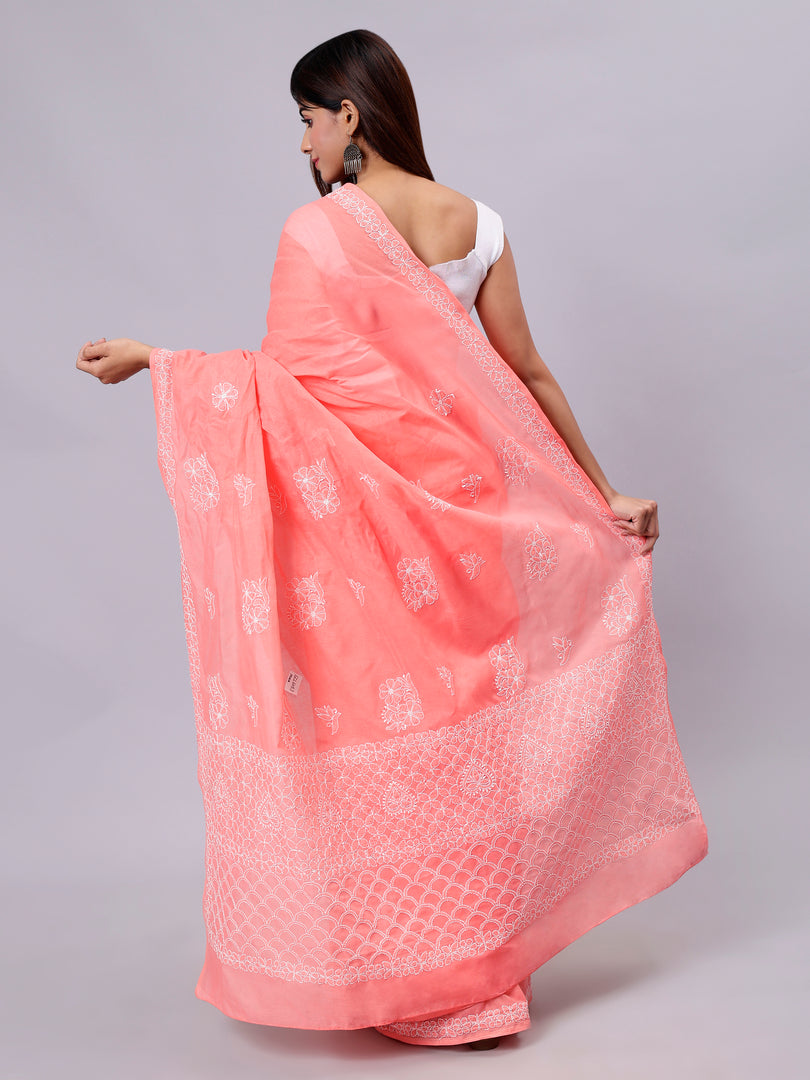 Seva Chikan Hand Embroidered Peach Terivoil Cotton Lucknowi Chikankari Saree- SCL6053