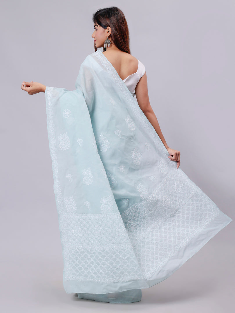 Seva Chikan Hand Embroidered Grey Terivoil Cotton Lucknowi Chikankari Saree- SCL6059