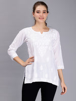Load image into Gallery viewer, Seva Chikan Hand Embroidered White Cotton Lucknowi Chikankari Top SCL9101