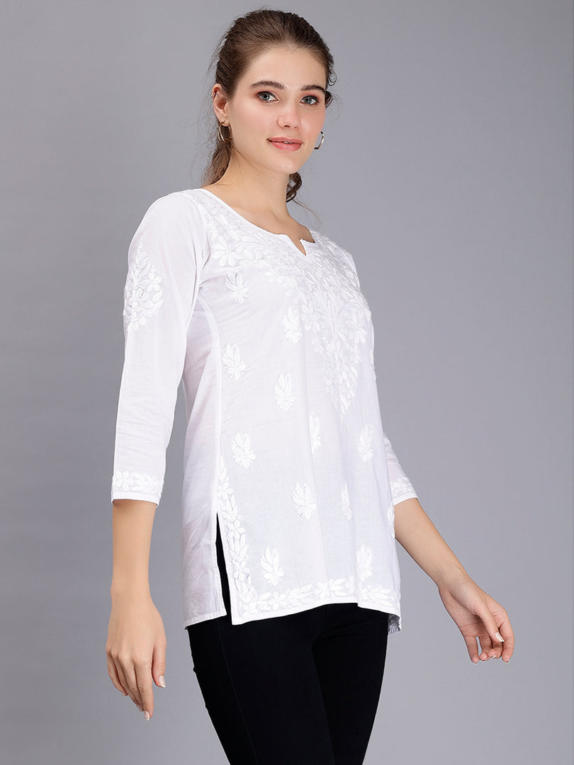 Seva Chikan Hand Embroidered White Cotton Lucknowi Chikankari Top SCL9101