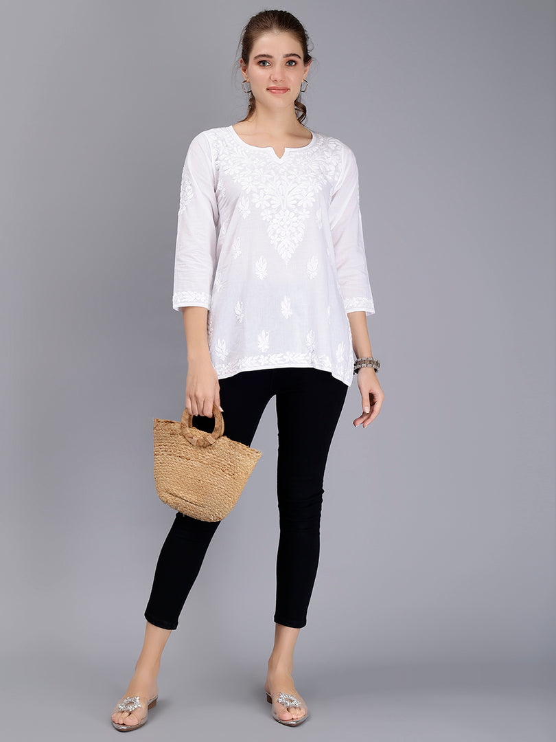 Seva Chikan Hand Embroidered White Cotton Lucknowi Chikankari Top SCL9101