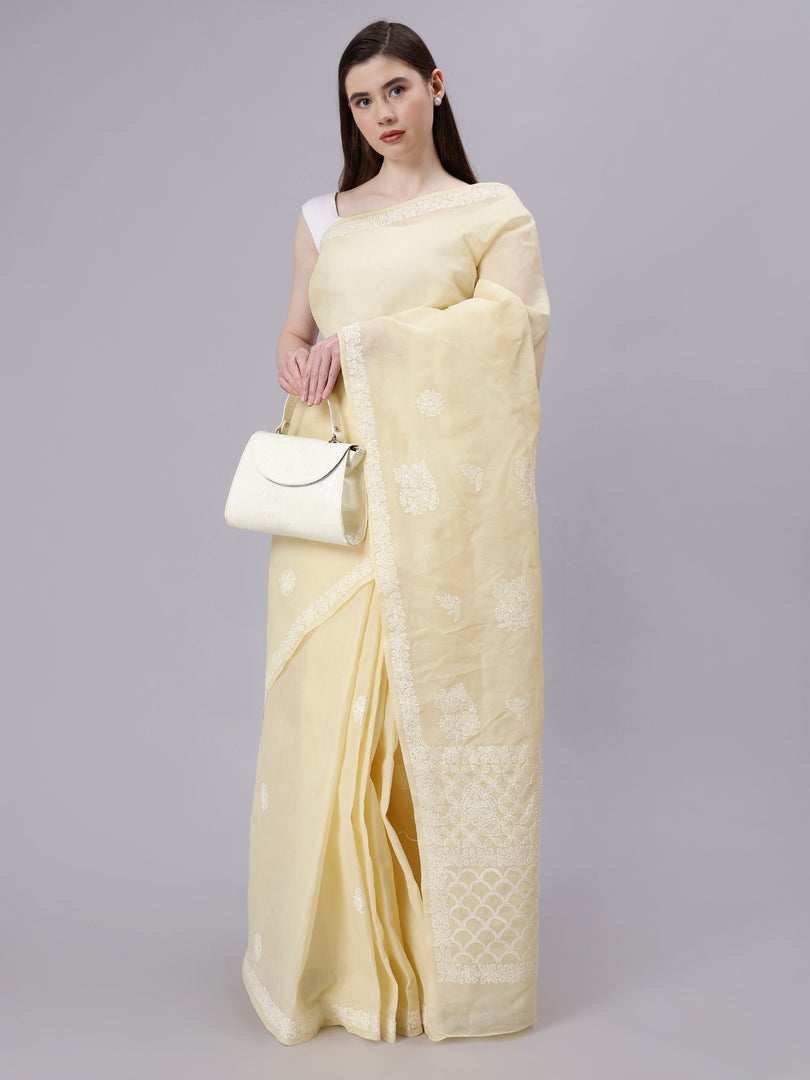 Seva Chikan Hand Embroidered Beige Terivoil Cotton Lucknowi Chikankari Saree- SCL6055