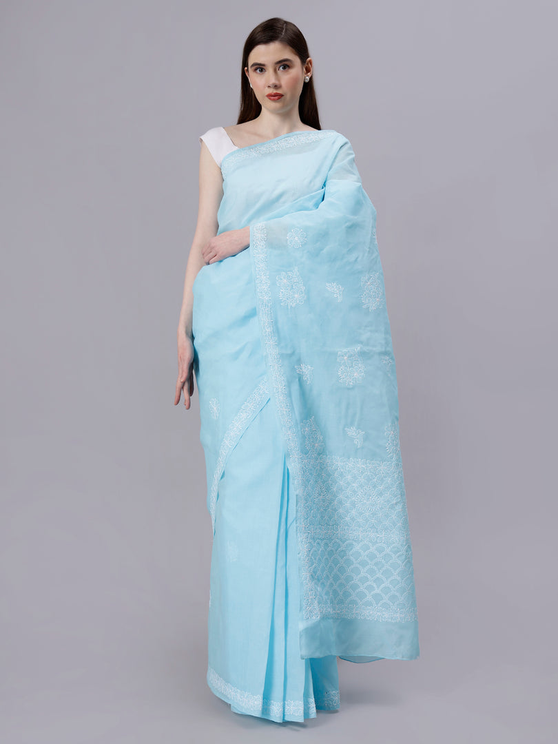 Seva Chikan Hand Embroidered Blue Terivoil Cotton Lucknowi Chikankari Saree- SCL6058