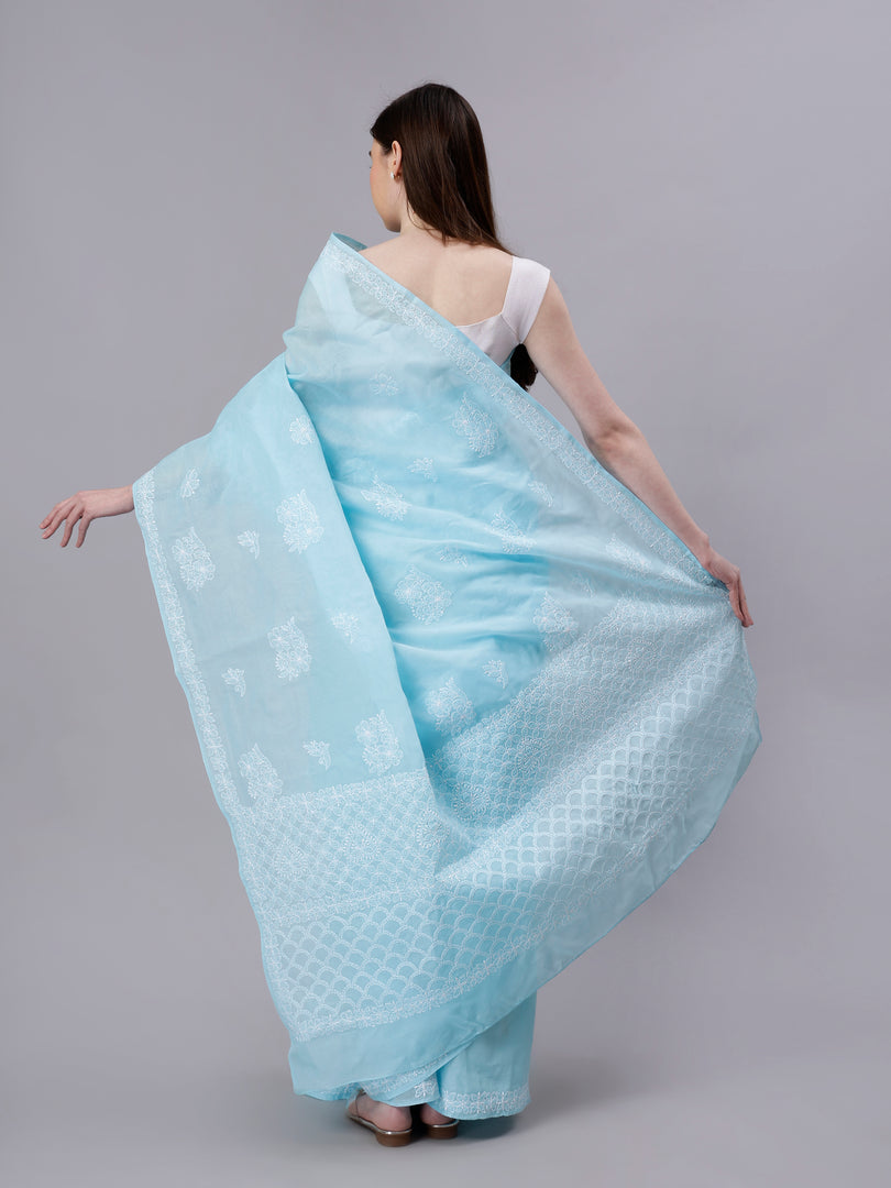 Seva Chikan Hand Embroidered Blue Terivoil Cotton Lucknowi Chikankari Saree- SCL6058