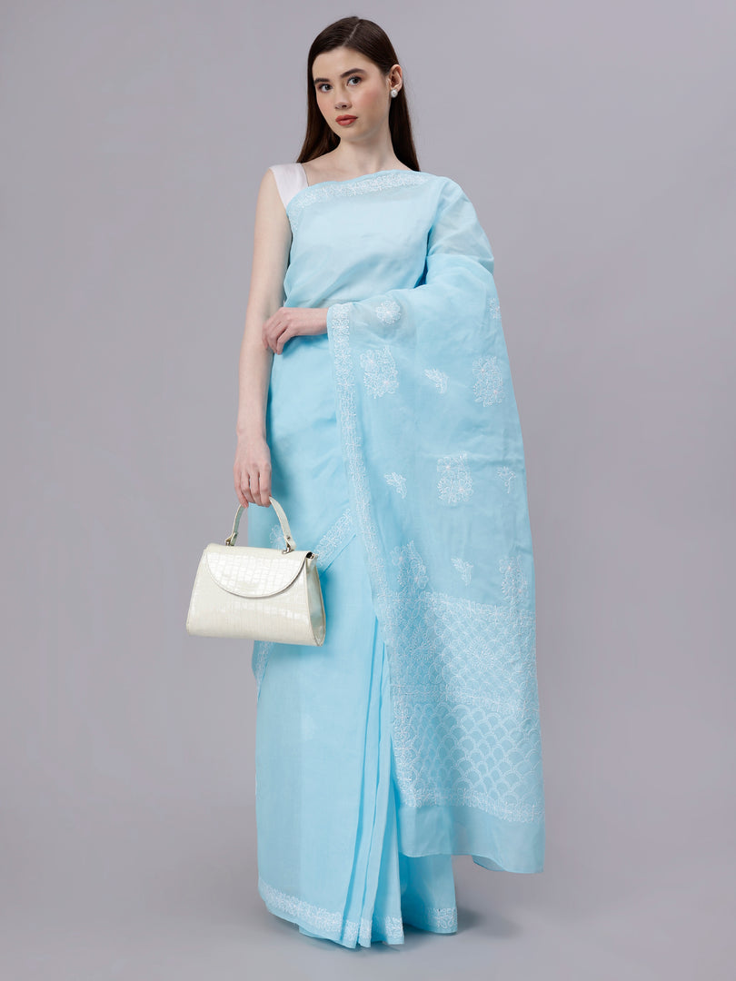 Seva Chikan Hand Embroidered Blue Terivoil Cotton Lucknowi Chikankari Saree- SCL6058