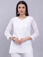 Load image into Gallery viewer, Seva Chikan Hand Embroidered White Crepe Lucknowi Chikankari Top With Inner SCL9107