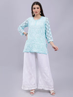 Load image into Gallery viewer, Seva Chikan Hand Embroidered Lucknowi Chikankari Sea Green Georgette Top and White Palazzo Set for Women SCL8035