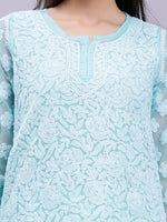 Load image into Gallery viewer, Seva Chikan Hand Embroidered Lucknowi Chikankari Sea Green Georgette Top and White Palazzo Set for Women SCL8035