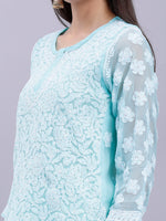 Load image into Gallery viewer, Seva Chikan Hand Embroidered Lucknowi Chikankari Sea Green Georgette Top and White Palazzo Set for Women SCL8035