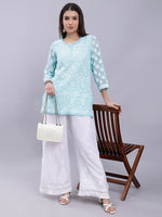 Load image into Gallery viewer, Seva Chikan Hand Embroidered Lucknowi Chikankari Sea Green Georgette Top and White Palazzo Set for Women SCL8035
