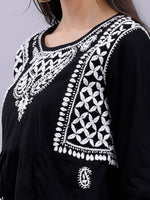 Load image into Gallery viewer, Seva Chikan Hand Embroidered Lucknowi Chikankari Black Cotton Top and White Afghani Salwar Set for Women SCL8032