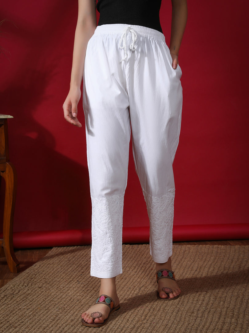 Seva Chikan Hand Embroidered White Cotton Lucknawi Chikankari Pant-SCL11001