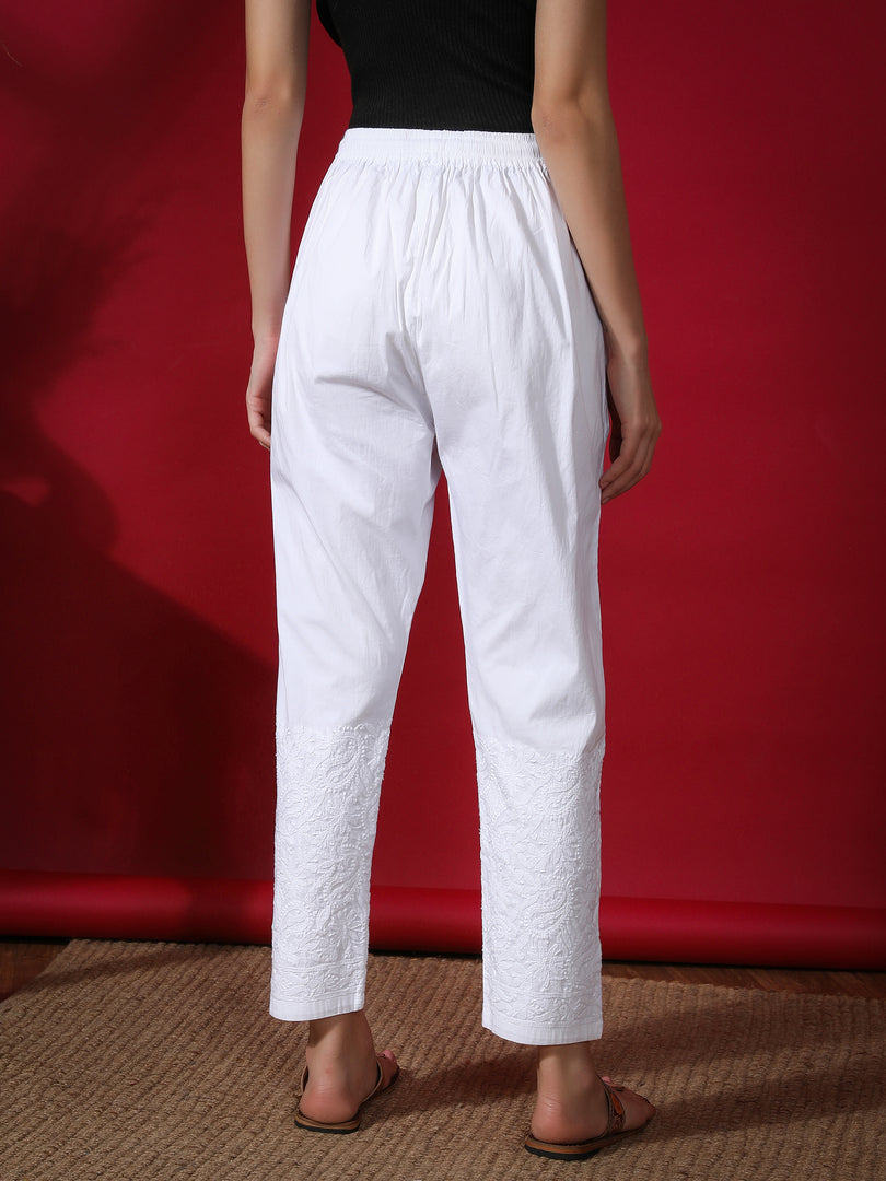 Seva Chikan Hand Embroidered White Cotton Lucknawi Chikankari Pant-SCL11001