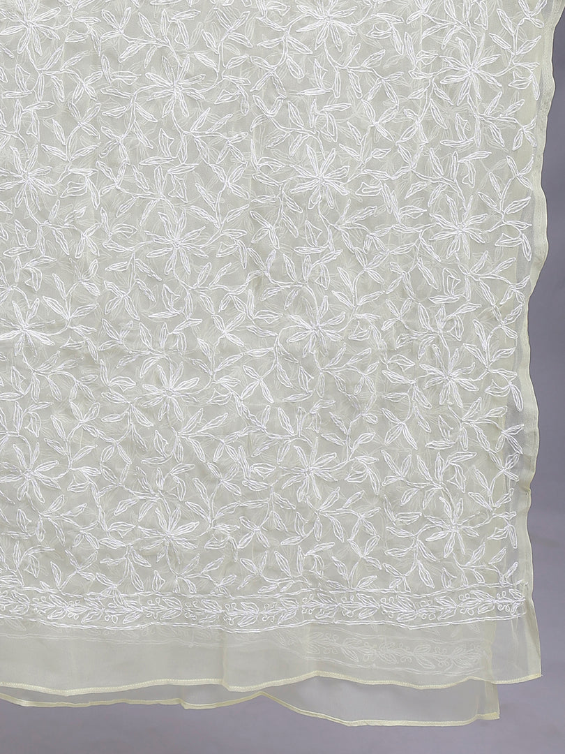Seva Chikan Hand Embroidered Lucknowi Chikankari Lemon Georgette Tepchi Work Dupatta-SCL12010