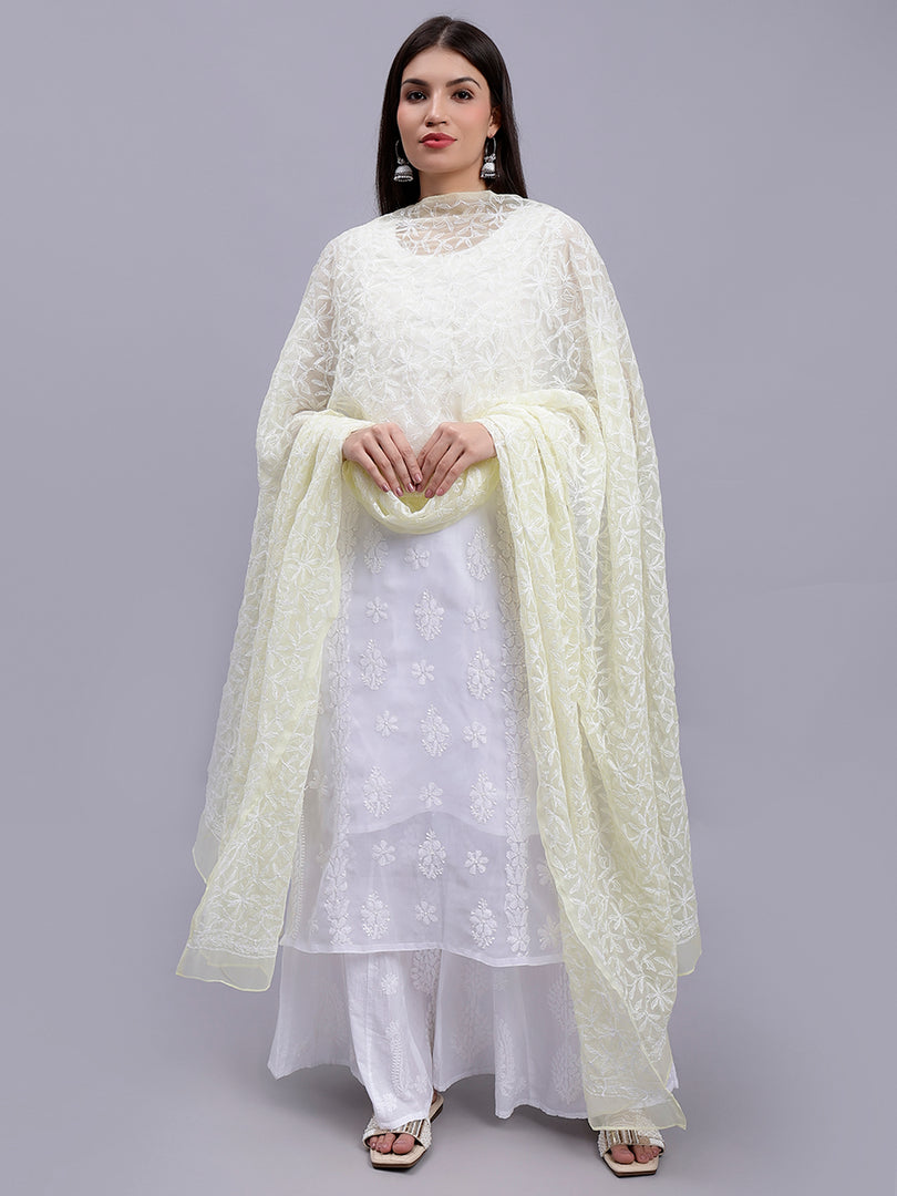 Seva Chikan Hand Embroidered Lucknowi Chikankari Lemon Georgette Tepchi Work Dupatta-SCL12010