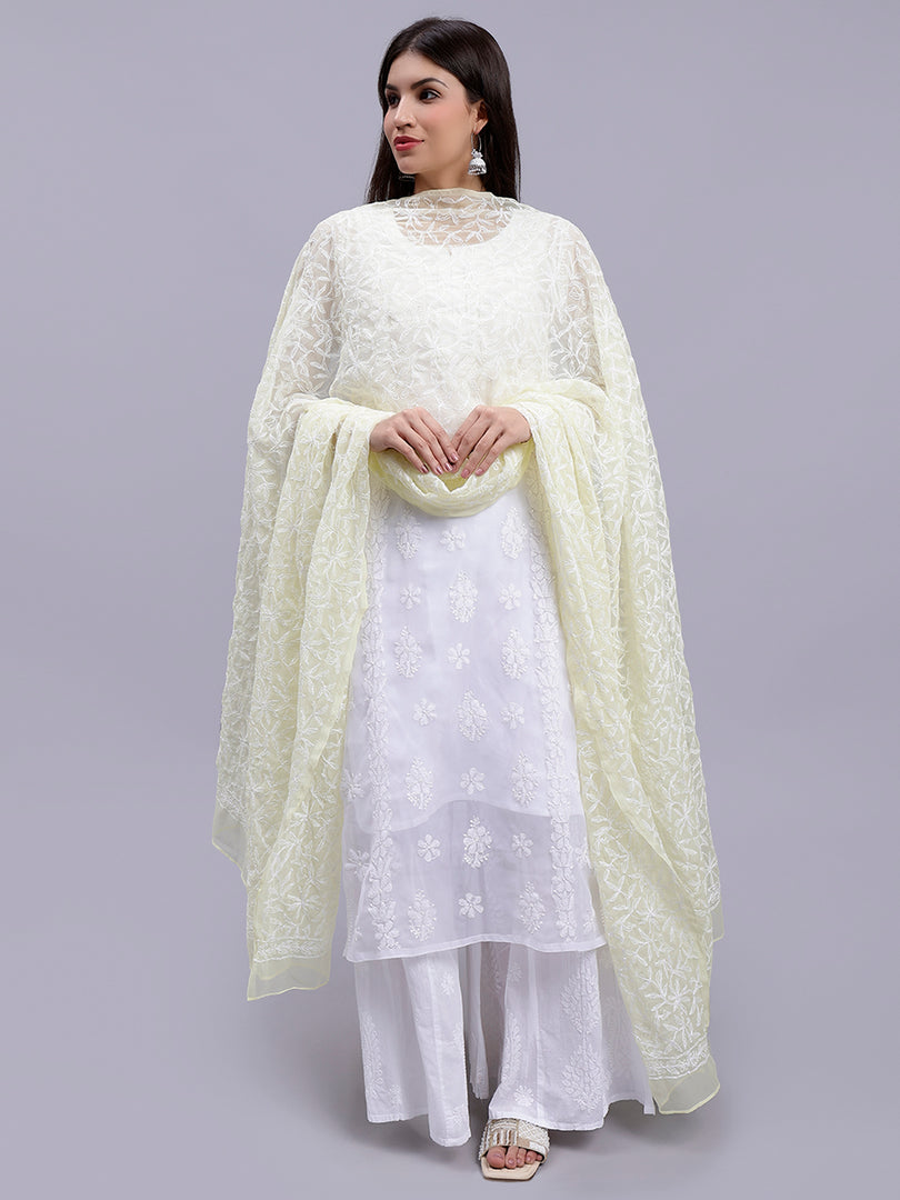 Seva Chikan Hand Embroidered Lucknowi Chikankari Lemon Georgette Tepchi Work Dupatta-SCL12010
