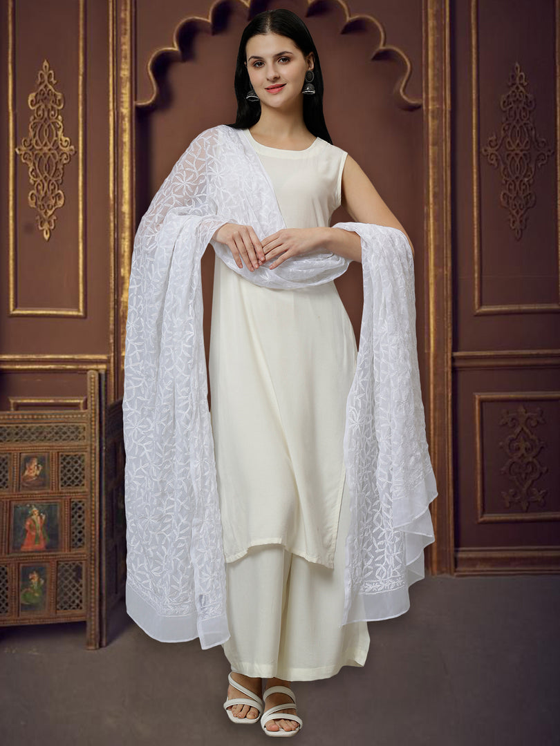 Seva Chikan Hand Embroidered Lucknowi Chikankari Georgette Tepchi Work Dupatta