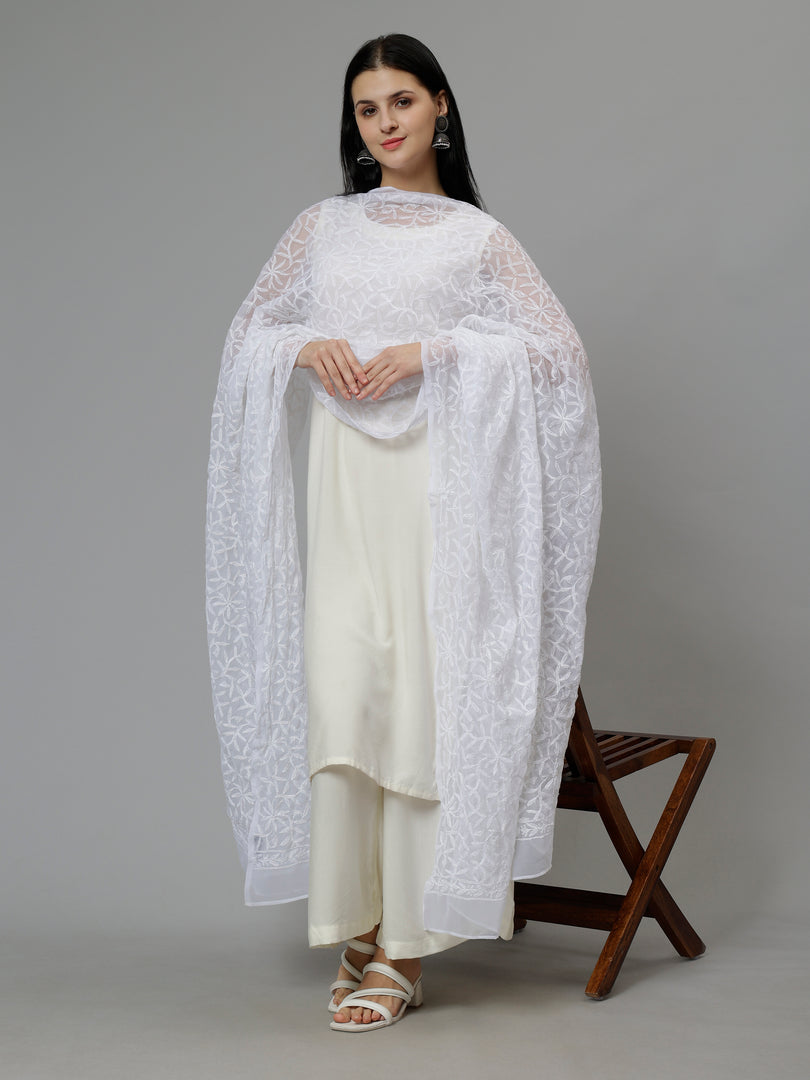Seva Chikan Hand Embroidered Lucknowi Chikankari Georgette Tepchi Work Dupatta