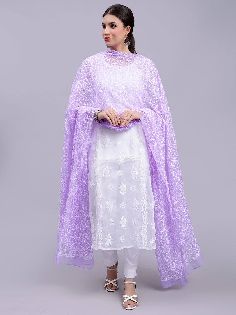 Seva Chikan Hand Embroidered Lucknowi Chikankari Mauve Georgette Tepchi Work Dupatta-SCL12012