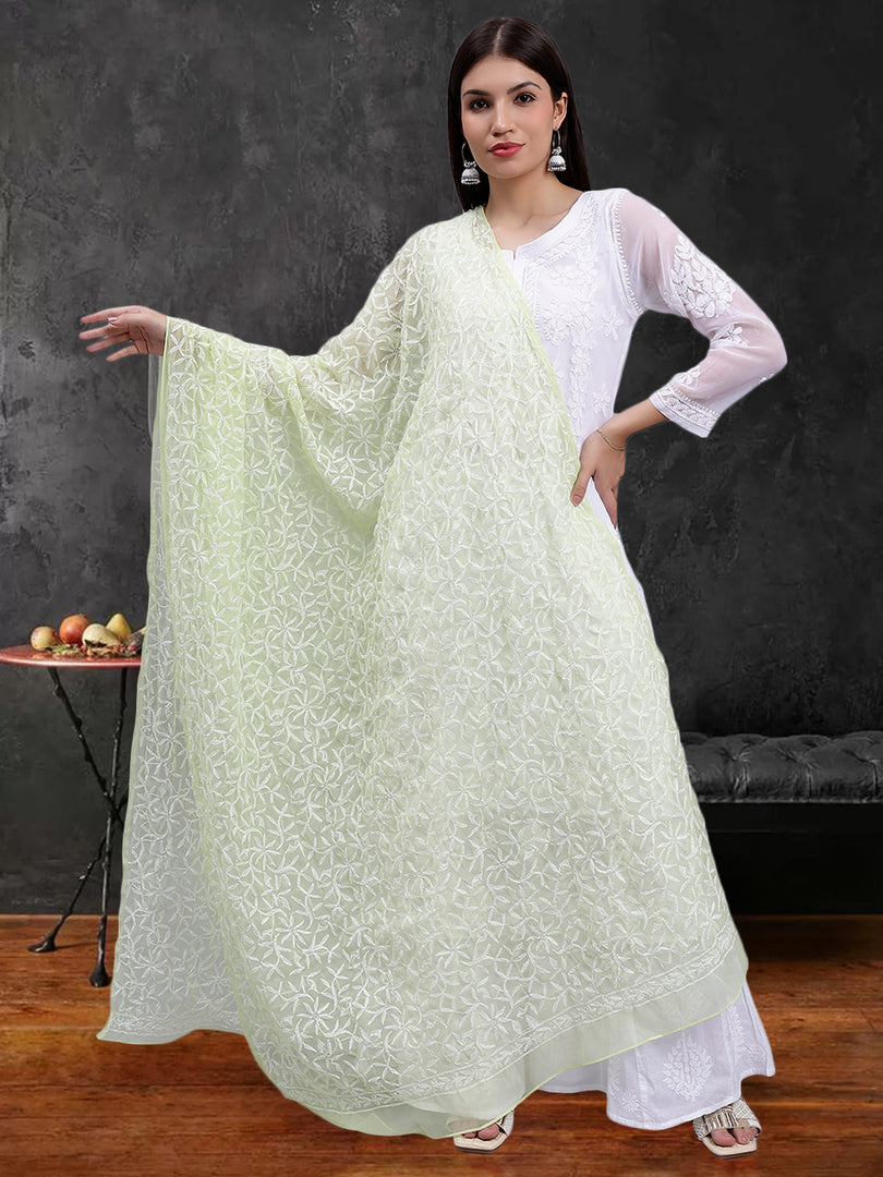 Seva Chikan Hand Embroidered Lucknowi Chikankari Green Georgette Tepchi Work Dupatta-SCL12013