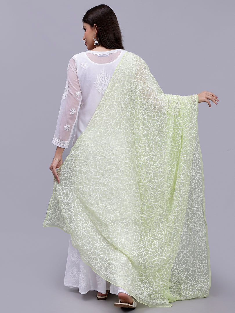 Seva Chikan Hand Embroidered Lucknowi Chikankari Green Georgette Tepchi Work Dupatta-SCL12013