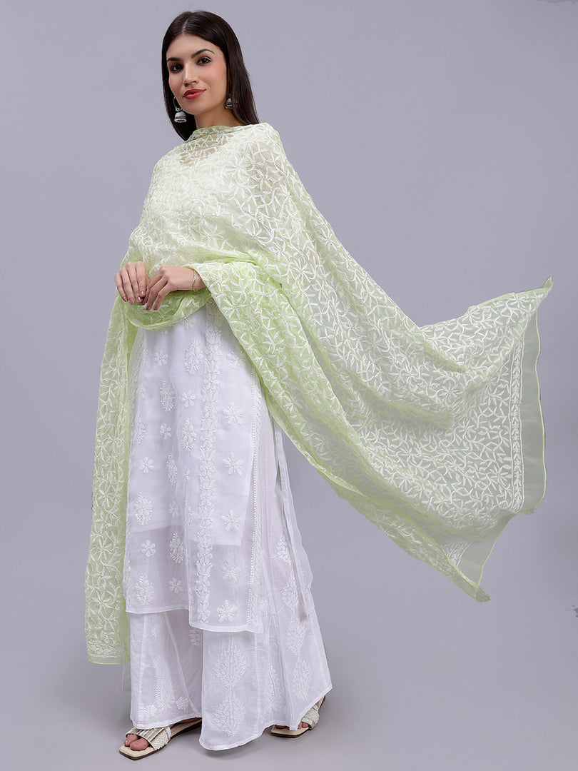 Seva Chikan Hand Embroidered Lucknowi Chikankari Green Georgette Tepchi Work Dupatta-SCL12013