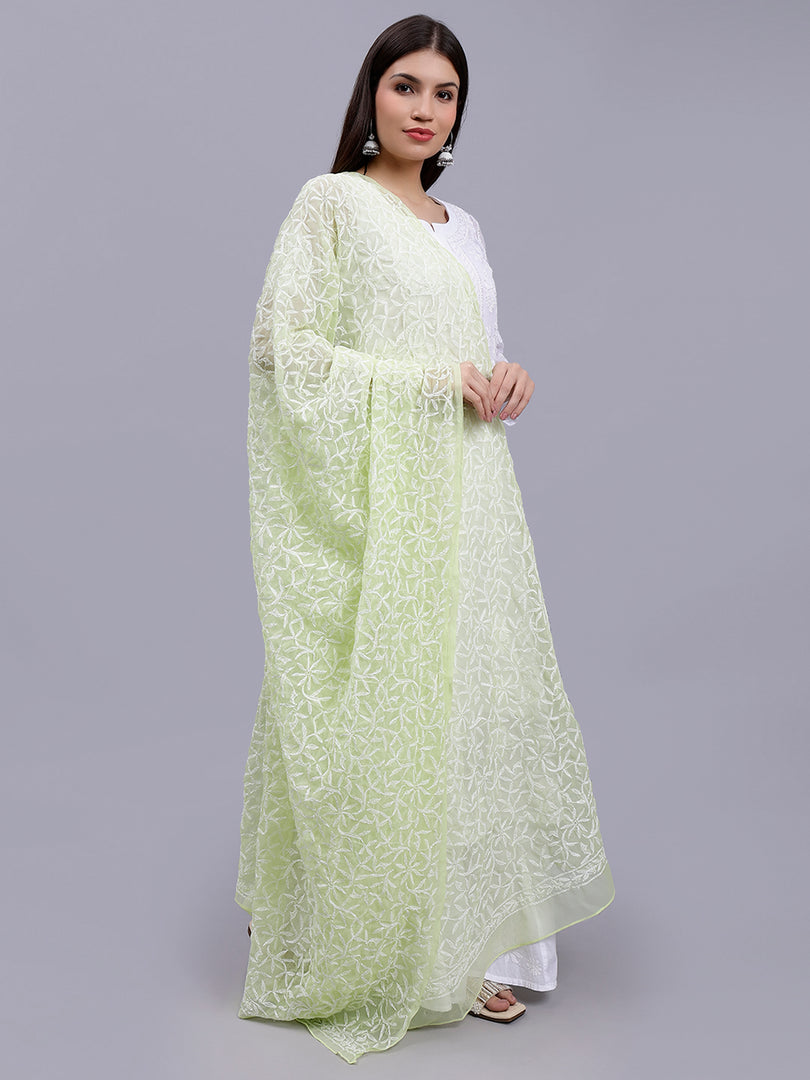 Seva Chikan Hand Embroidered Lucknowi Chikankari Green Georgette Tepchi Work Dupatta-SCL12013