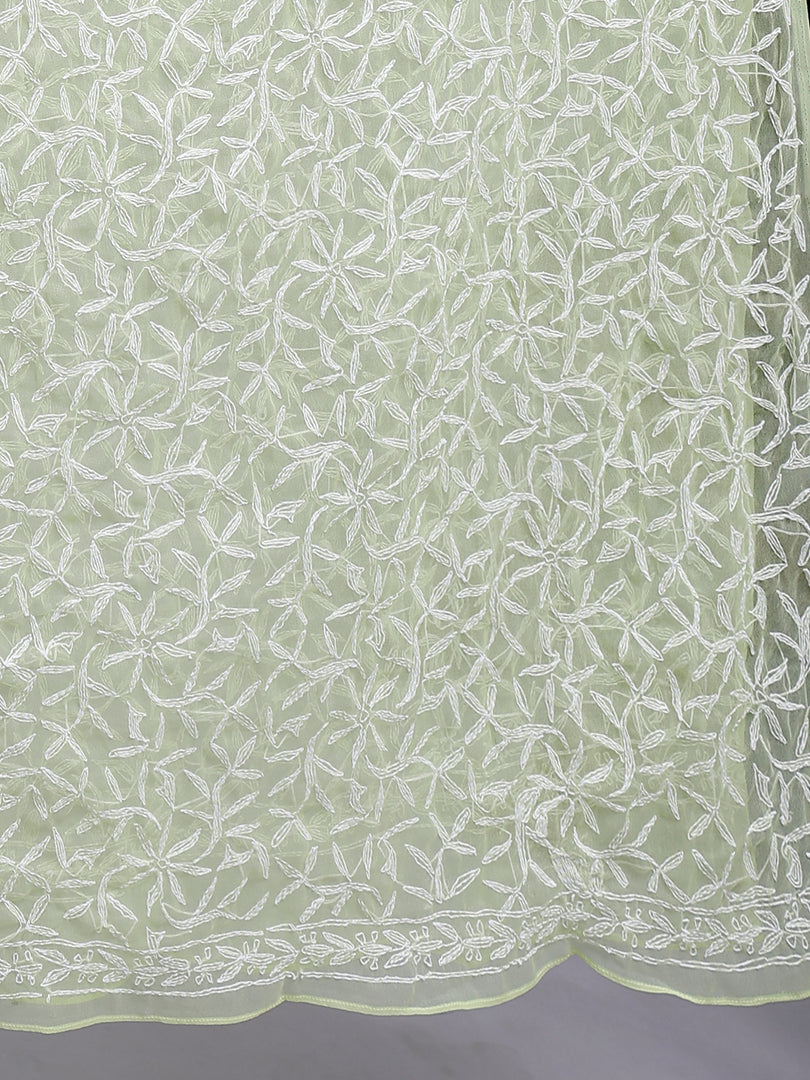 Seva Chikan Hand Embroidered Lucknowi Chikankari Green Georgette Tepchi Work Dupatta-SCL12013