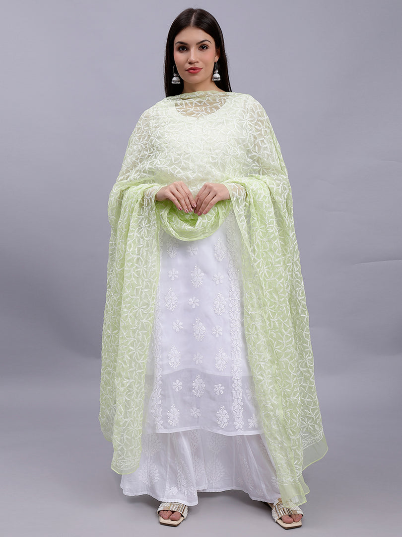Seva Chikan Hand Embroidered Lucknowi Chikankari Green Georgette Tepchi Work Dupatta-SCL12013