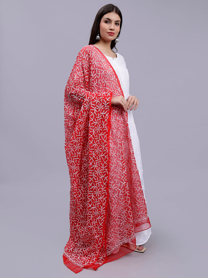Seva Chikan Hand Embroidered Lucknowi Chikankari Red Georgette Tepchi Work Dupatta-SCL12014