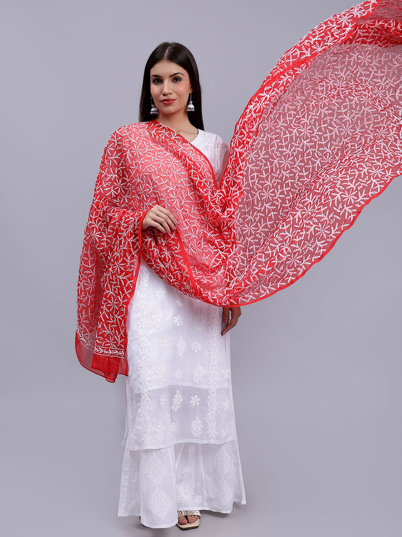Seva Chikan Hand Embroidered Lucknowi Chikankari Red Georgette Tepchi Work Dupatta-SCL12014