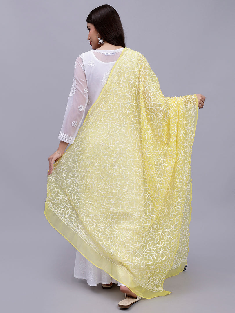 Seva Chikan Hand Embroidered Lucknowi Chikankari Yellow Georgette Tepchi Work Dupatta-SCL12015