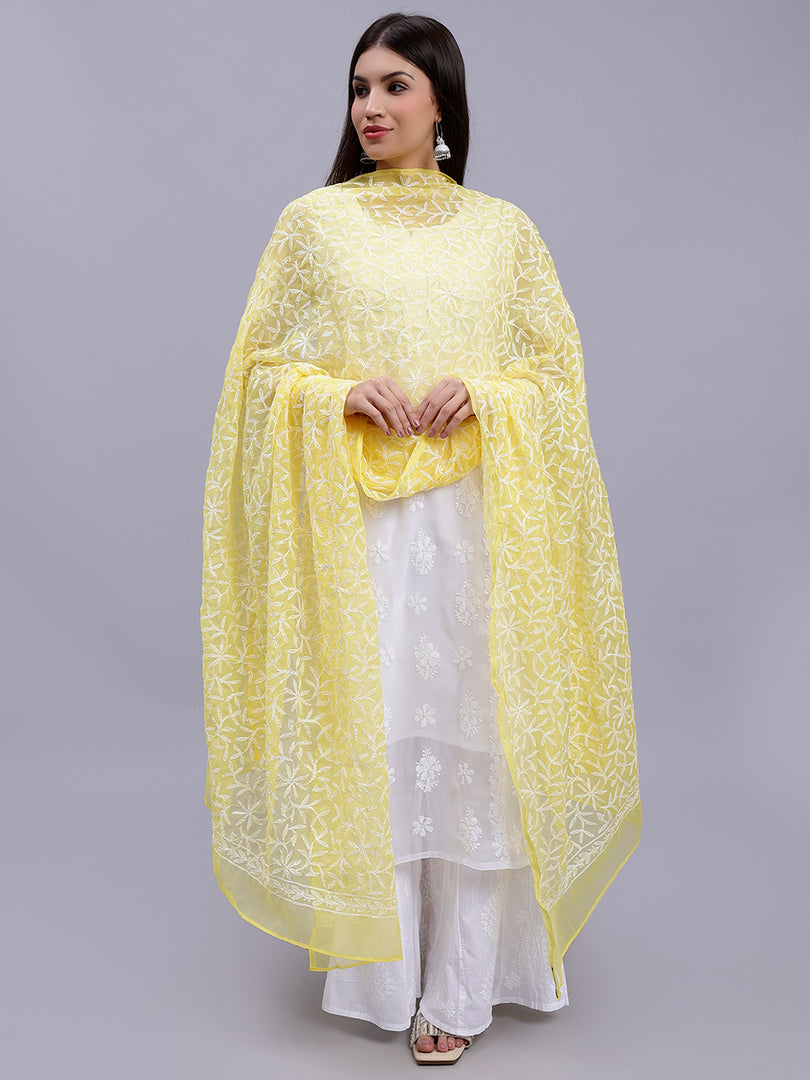Seva Chikan Hand Embroidered Lucknowi Chikankari Yellow Georgette Tepchi Work Dupatta-SCL12015