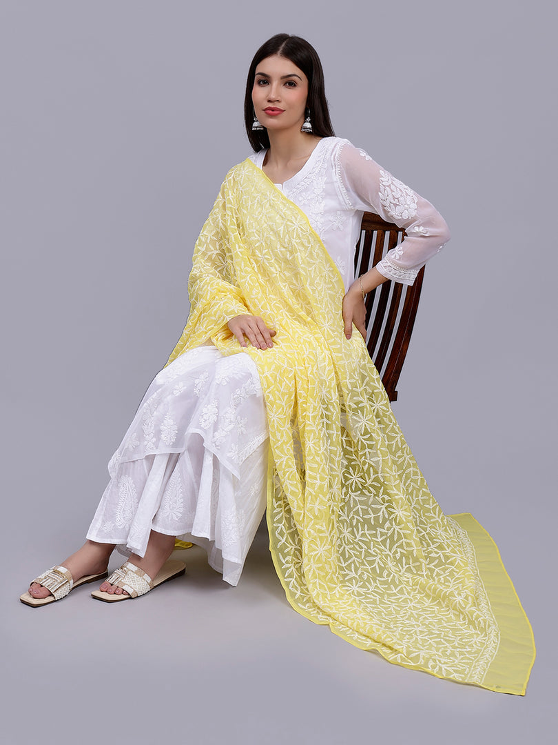Seva Chikan Hand Embroidered Lucknowi Chikankari Yellow Georgette Tepchi Work Dupatta-SCL12015