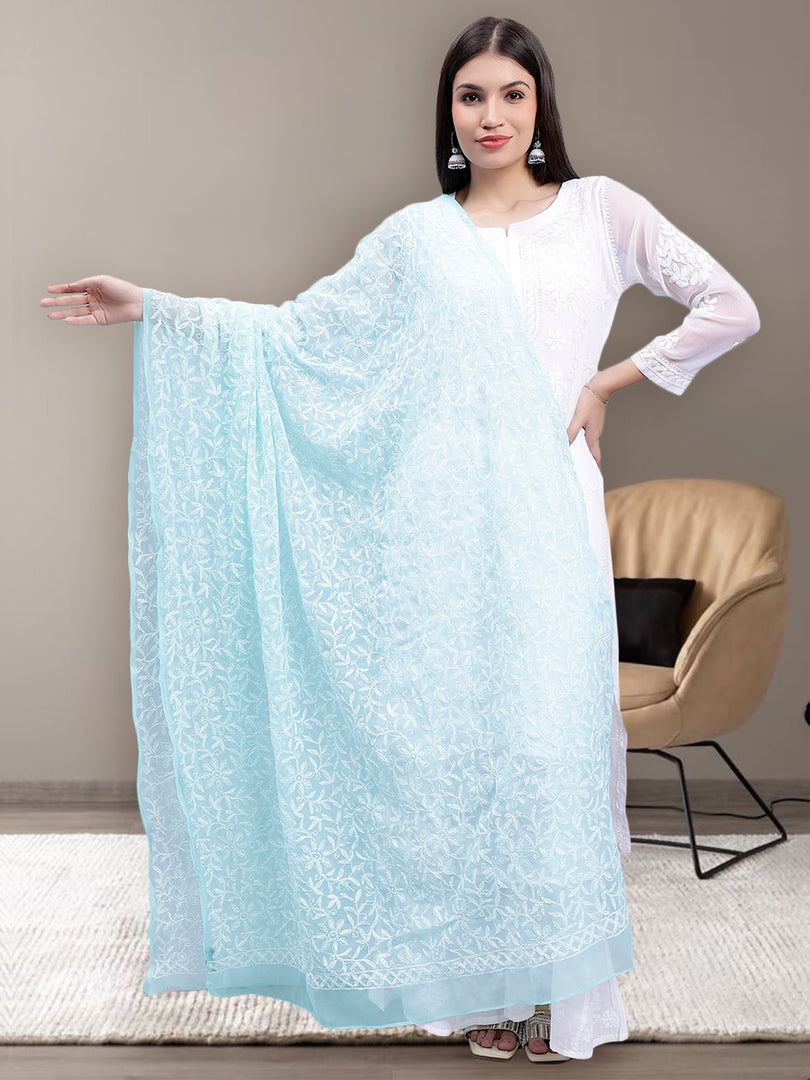 Seva Chikan Hand Embroidered Lucknowi Chikankari Sea Green Georgette Tepchi Work Dupatta-SCL12017
