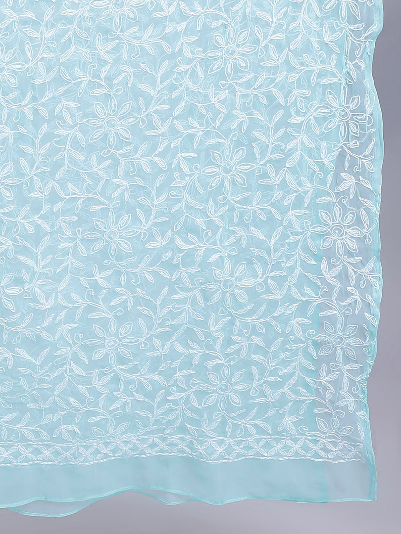 Seva Chikan Hand Embroidered Lucknowi Chikankari Sea Green Georgette Tepchi Work Dupatta-SCL12017