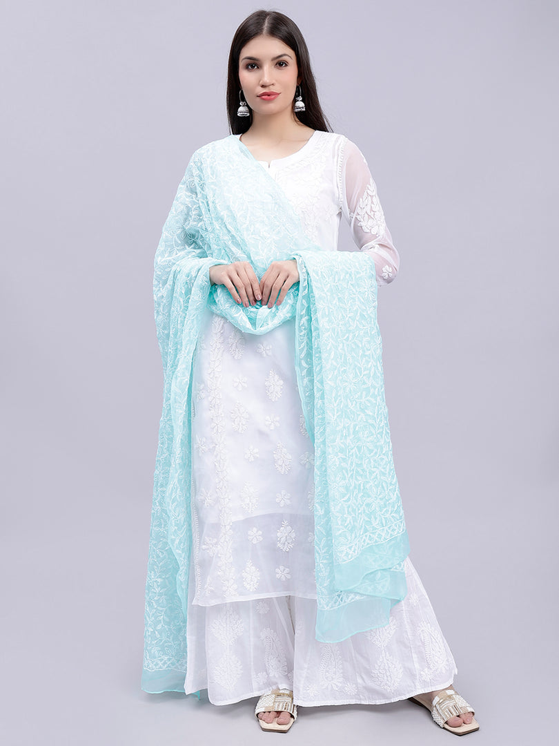 Seva Chikan Hand Embroidered Lucknowi Chikankari Sea Green Georgette Tepchi Work Dupatta-SCL12017