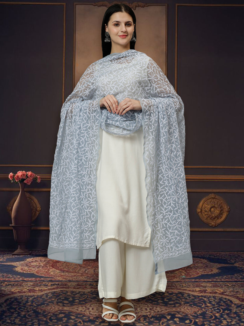 Seva Chikan Hand Embroidered Lucknowi Chikankari Georgette Tepchi Work Dupatta