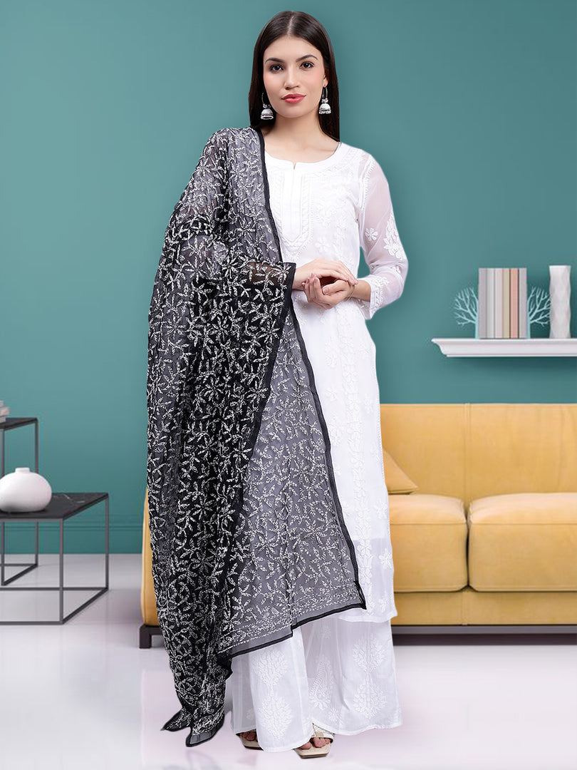 Seva Chikan Hand Embroidered Lucknowi Chikankari Black Georgette Tepchi Work Dupatta-SCL12019